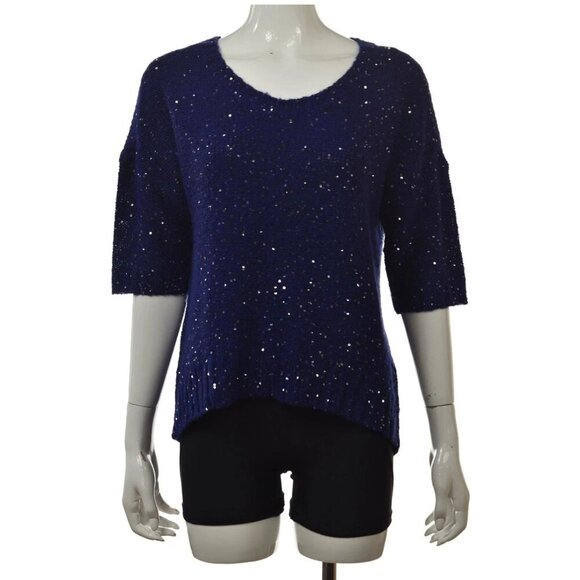 Allen B by Allen Schwartz Womens Blue Sequin Knit Sweater Top 3/4 Sleeve Size L - Picture 1 of 14